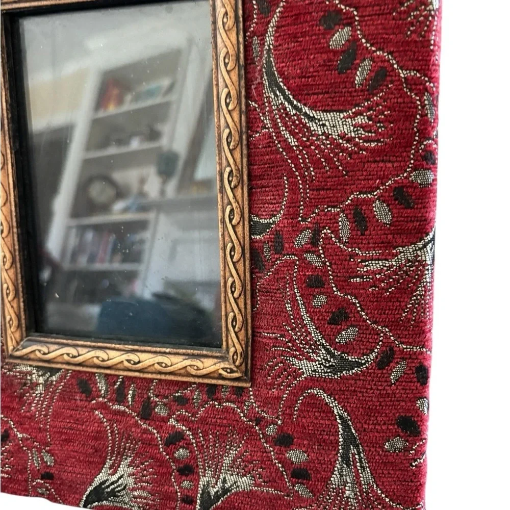 VTG Tapestry 4X6 Picture Frame Dark Red Gold Scroll Trim Desk Top Wall 13X11